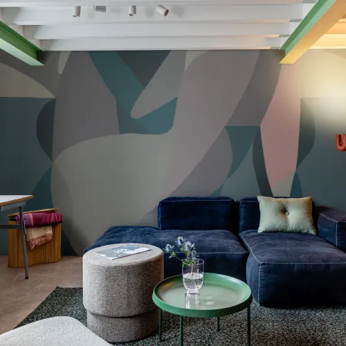 Female Form Abstract Shapes Mural in Blue