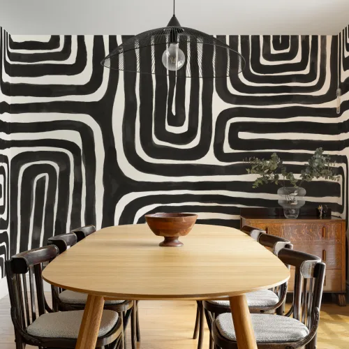 Hand Painted Maze Geometric Mural in Monochrome