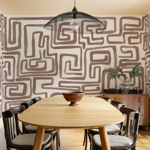 Hand-Painted Maze Pattern Mural in Brown
