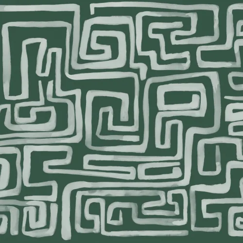 Handgemalte Fototapete mit Labyrinth-Muster in Smaragdgrün
