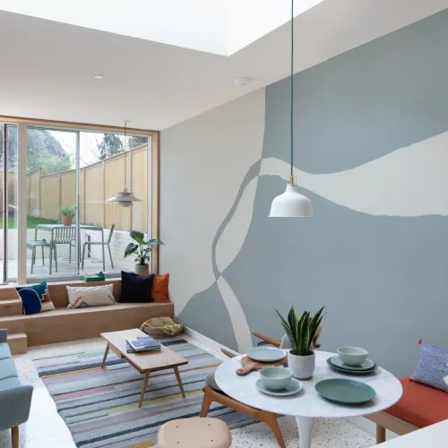 Hand-Painted Curved Form Mural in Cool Blue with Plaster Texture