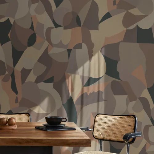Cubist Human Form Abstract Mural in Taupe and Grey