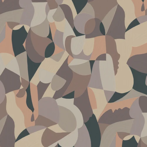 Cubist Human Form Abstract Mural in Taupe and Grey