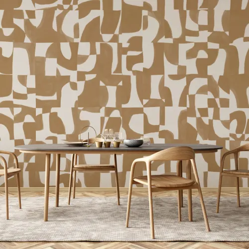 Moderne Mosterd Abstracte Muurschildering met Handgesneden Vormen en Textuureffect