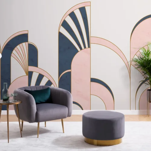 Carta da Parati in Stile Art Déco con Archi Rosa e Blu