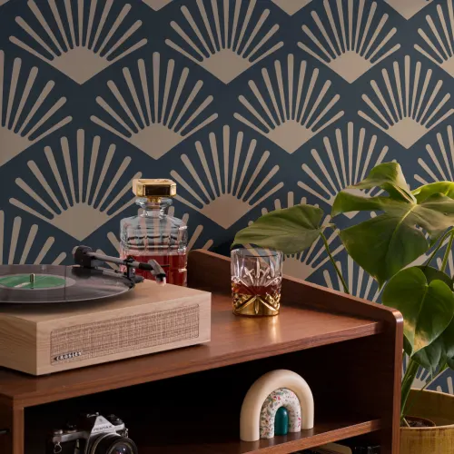 Gold & Navy Art Deco Fan Repeat Pattern Wallpaper