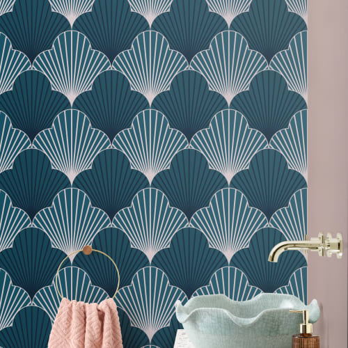 Sininen Art Deco kampasimpukka toista kuvio tapetti