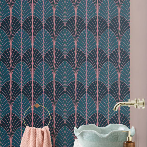 Blue Art Deco Palm Leaf Repeat Pattern Wallpaper