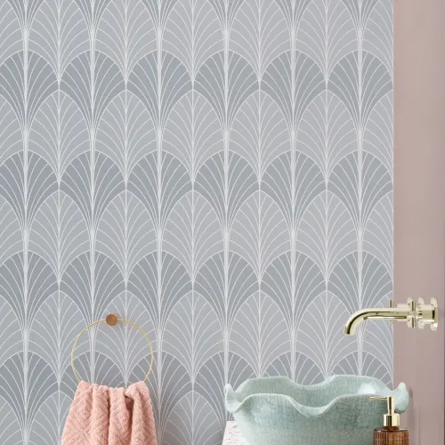 Harmaa Art Deco Palm Leaf Toista kuvio tapetti