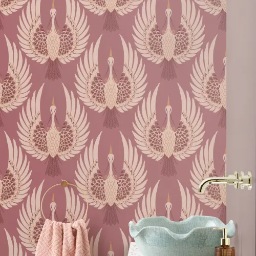 Pink Art Deco Crane Repeat Pattern Wallpaper
