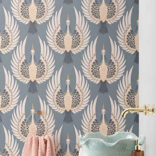 Blå art deco kran med gentaget mønster Tapet