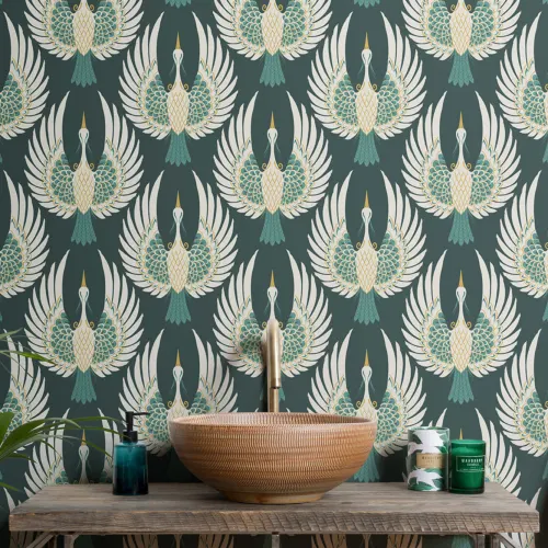 Green Art Deco Crane Repeat Pattern Wallpaper
