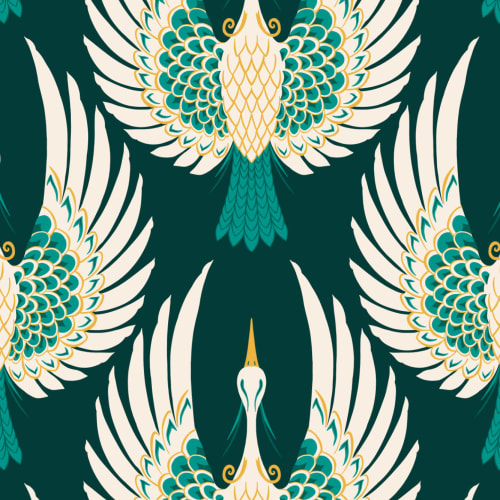 Green Art Deco Crane Repeat Pattern Wallpaper