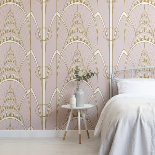 Carta da Parati Rosa in Stile Art Déco con Motivo Guglia del Chrysler Building