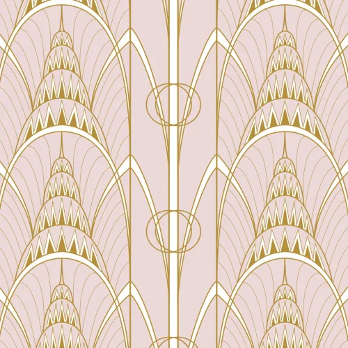 Carta da Parati Rosa in Stile Art Déco con Motivo Guglia del Chrysler Building
