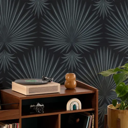 Black Art Deco Tropical Leaf Repeat Print Wallpaper Mural