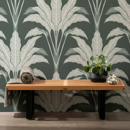 Dark Green Art Deco Large Tropical Leaves Wallpaper Mural