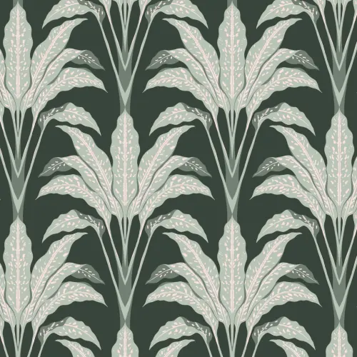 Dark Green Art Deco Large Tropical Leaves Wallpaper Mural