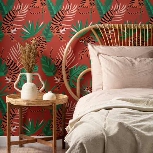 Wild Tiger Big Cat Tropical Leaves Repeat Pattern Wallpaper