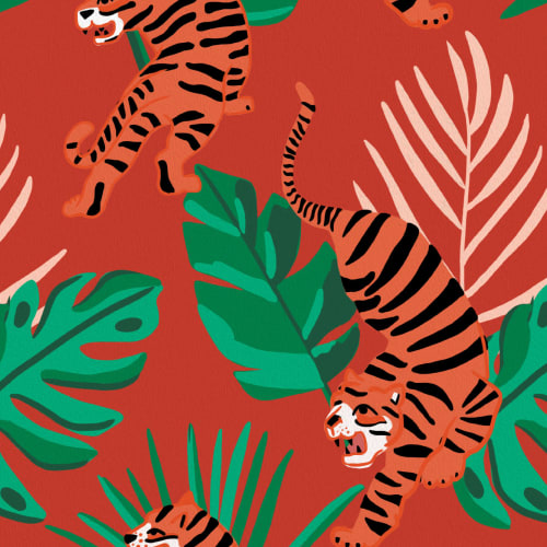 Wild Tiger Big Cat Tropical Leaves Repeat Pattern Wallpaper