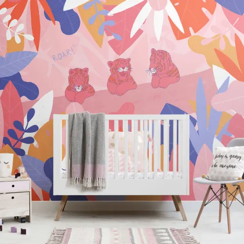Colorful Tiger Cub Jungle Leaf Wallpaper Mural