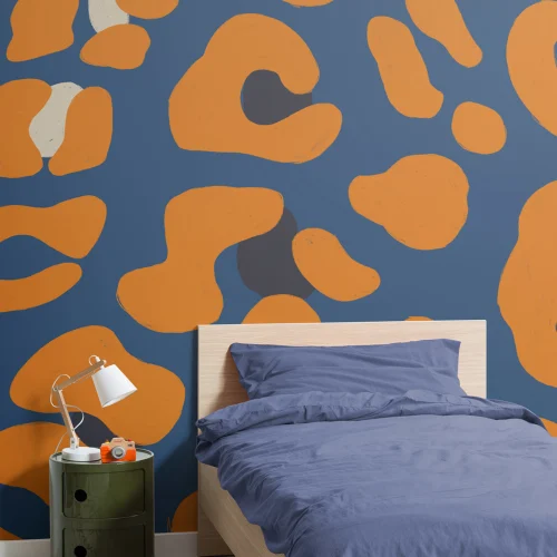 Fototapete Orange-Blauer Leopardendruck