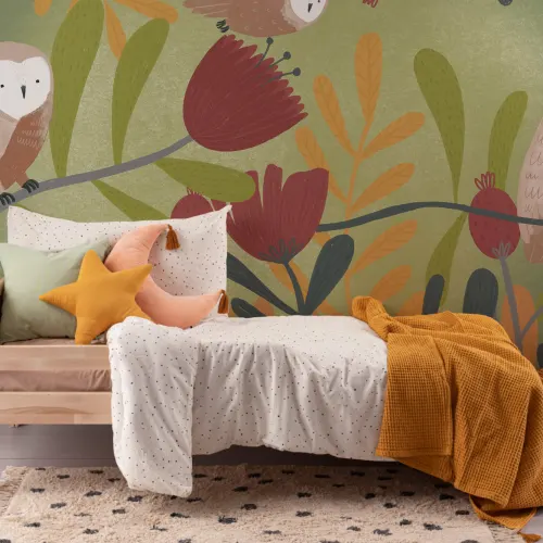 Papier Peint Panoramique Coloré avec Fleurs et Hiboux