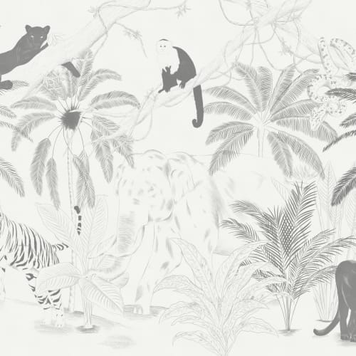 Carta da Parati Giungla Tropicale in Crema e Grigio con Animali Illustrati