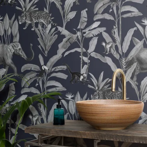 Papier Peint Bleu Marine à Motifs d’Animaux de la Jungle Illustrés