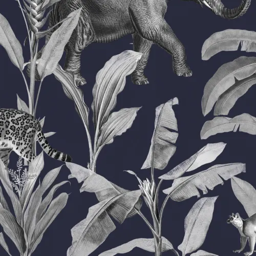 Papier Peint Bleu Marine à Motifs d’Animaux de la Jungle Illustrés