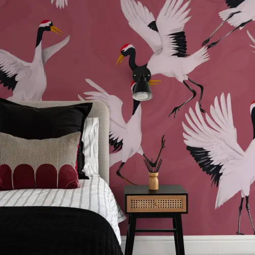 Flying Japanese Cranes Pink Painted Wallpaper Mural
