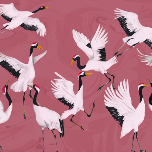 Flying Japanese Cranes Pink Painted Wallpaper Mural