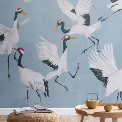 Flying Japanese Cranes Blue Painted Wallpaper Mural