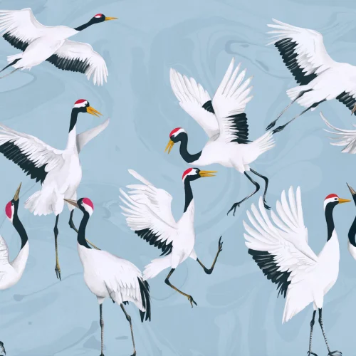 Flying Japanese Cranes Blue Painted Wallpaper Mural