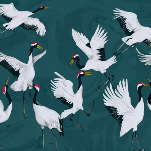 Flying Japanese Cranes Teal Painted Wallpaper Mural