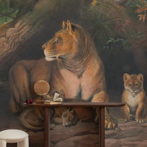 Mural de parede Panthera pintado à mão com leões e filhotes por Joseph Wolf