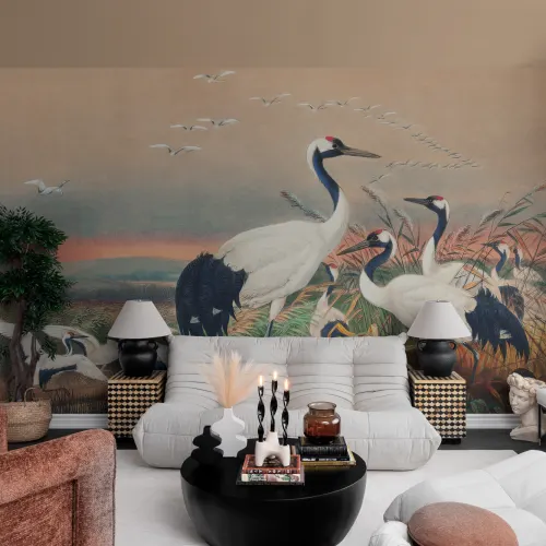 Carta da parati Cranes in Wetlands dipinta a mano da Joseph Wolf