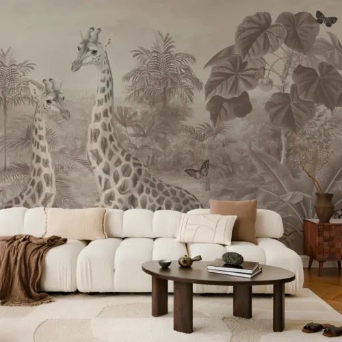 Beige Vintage Tropical Giraffe Illustration Mural