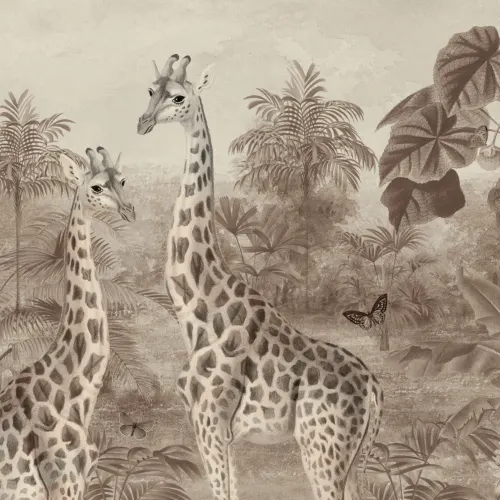 Beige Vintage Tropical Giraffe Illustration Mural