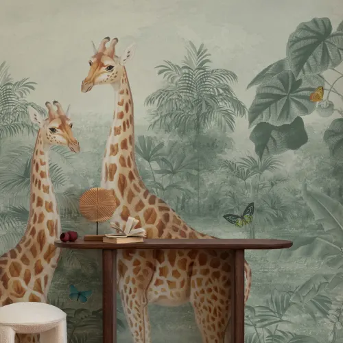 Illustration murale de la girafe verte, vintage et tropicale