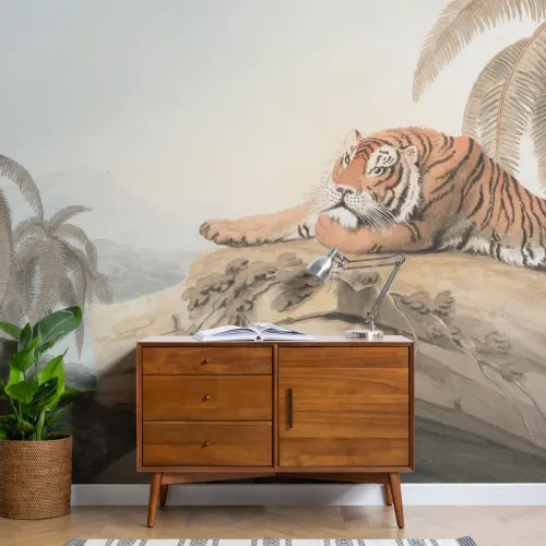 Mural ilustrado da paisagem tropical do tigre