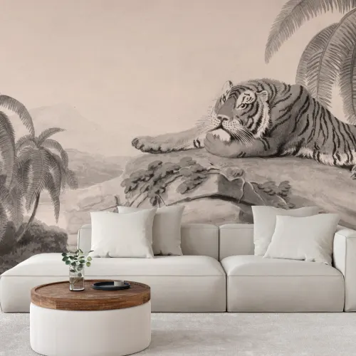 Gråt illustreret fototapet med tropisk landskab og tiger