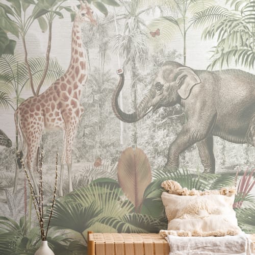 Asiatisk djungel djur akvarell mural-tapeter