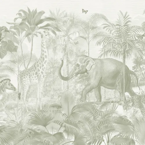 Carta da parati ad acquerello con animali della giungla asiatica verde