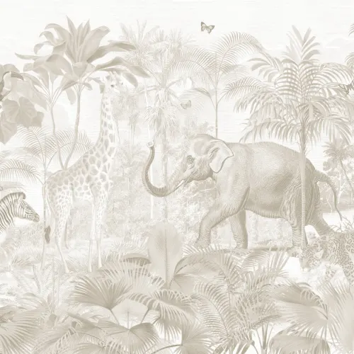 Carta da parati acquerellata in beige con animali della giungla asiatica