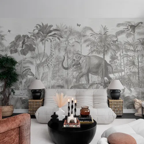 Gray Asian Jungle Animals Watercolor Mural
