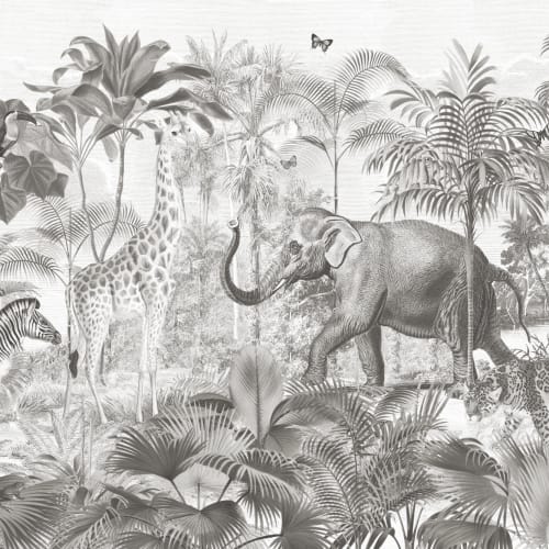 Gray Asian Jungle Animals Watercolor Mural