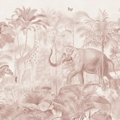 Carta da parati acquerellata con animali della giungla asiatica rosa