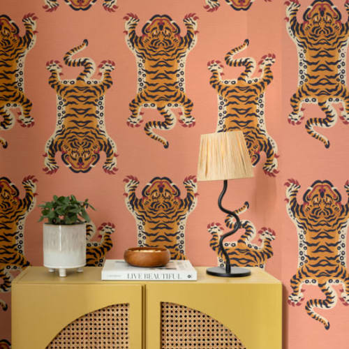Orange Tibetan Tiger Repeat Pattern Wallpaper