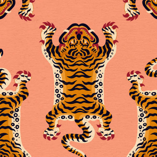 Orange Tibetan Tiger Repeat Pattern Wallpaper